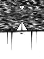 The silhouettes of four men standing upon a field of endless white, while an assembly of pyramids overlook them in the distance. The sky is a haze of static, from which a mirror image of the world emerges.