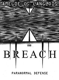 The silhouettes of four men standing upon a field of endless white, while an assembly of pyramids overlook them in the distance. The sky is a haze of static, from which a mirror image of the world emerges.