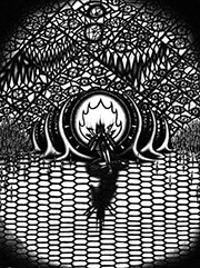 An armored paladin of the Astral Lords kneels in a cathedral, clutching his skull with instability. A wall of stained glass stands behind him, depicting a flood of peering eyes and grinning teeth.