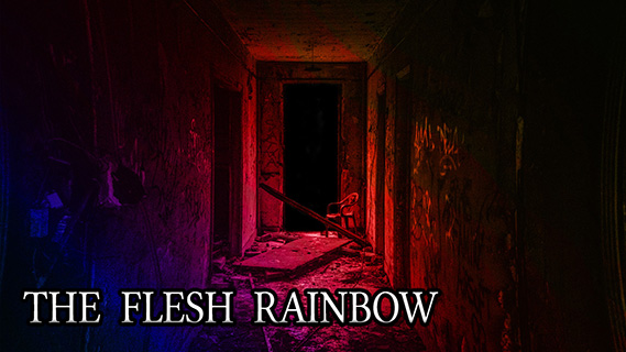 A door surrounded by a rainbow of eerie colors, leading out into a black void.