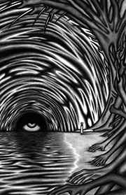 A sentient black hole rises above a sea of liquid flesh. To the right, a shore leads to a forest of hands and feet, towering into the sky.