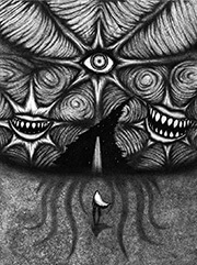 A lone figure stands upon an endless desert, their cloak blowing back in the wind. In the sky above, violet clouds swirl chaotically around three crimson stars, their texture so otherworldly that it almost appears organic. Within the highest star, a lone eye gazes intently, while inside the lower two, horrific mouths grin with a sadistic amusement. Betwixt them, the sky rips open into a black void, and within that void, an indistinct shape looms in the distance: a monolithic tower, or a road leading into the abyss.