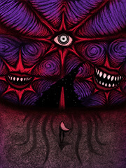 A lone figure stands upon an endless desert, their cloak blowing back in the wind. In the sky above, violet clouds swirl chaotically around three crimson stars, their texture so otherworldly that it almost appears organic. Within the highest star, a lone eye gazes intently, while inside the lower two, horrific mouths grin with a sadistic amusement. Betwixt them, the sky rips open into a black void, and within that void, an indistinct shape looms in the distance: a monolithic tower, or a road leading into the abyss.